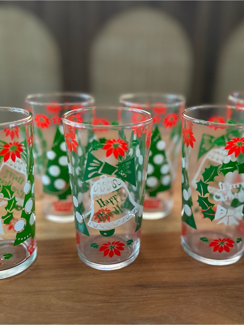 VINTAGE 6 Holiday Poinsettia & Tree Glass Tumblers - Green & Red
